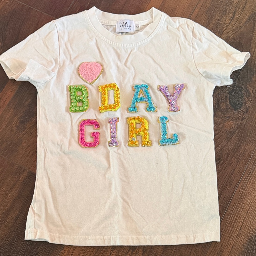 Lola + the boys White Tee with Multicolor Sequin "BDAY GIRL"